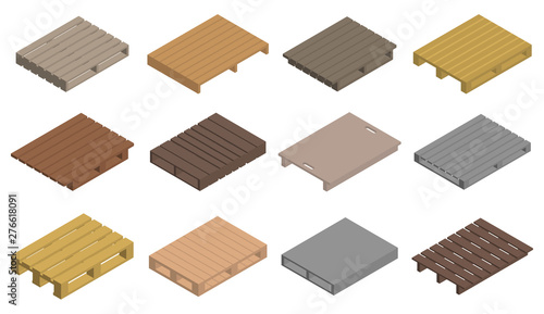 Pallet icons set. Isometric set of pallet vector icons for web design isolated on white background