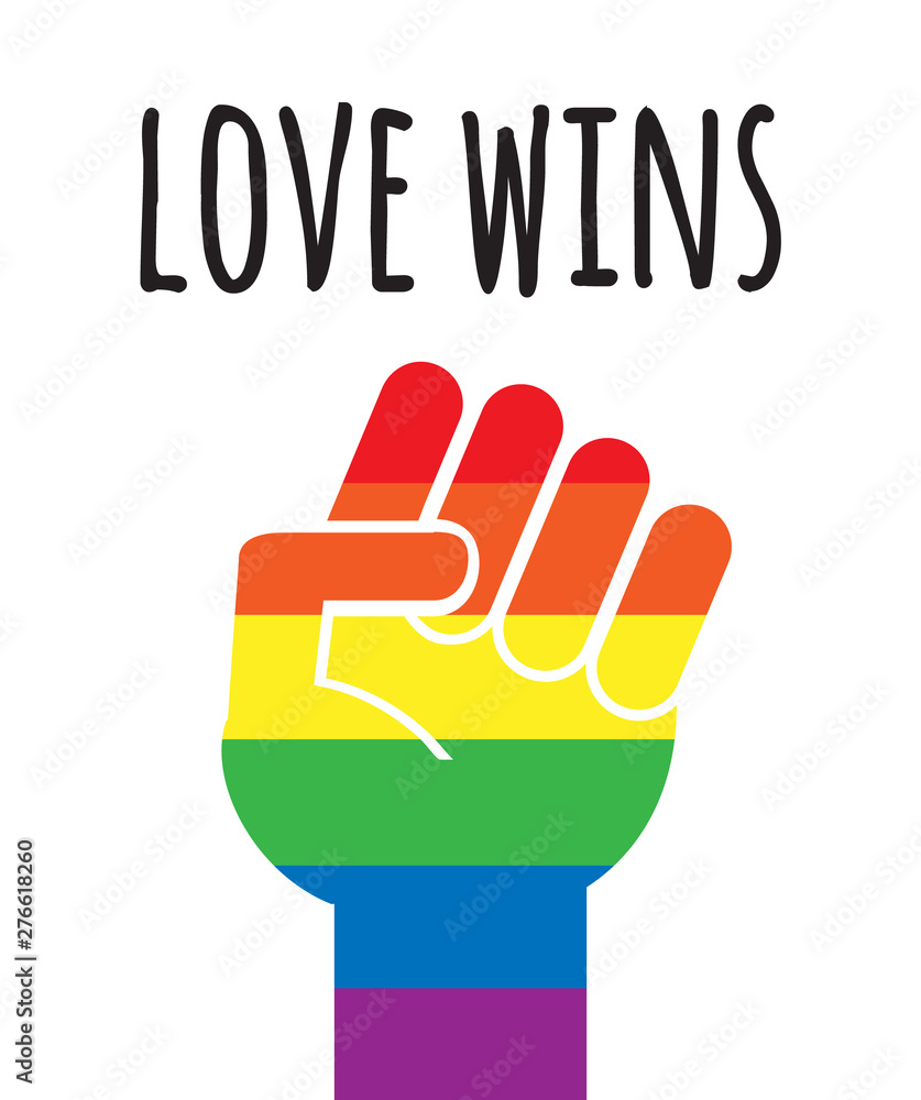 Obraz premium Vector flat cartoon lgbt rainbow flag pride fist and love wins lettering poster isolated on white background