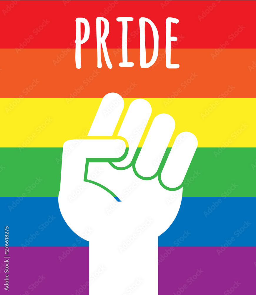 Vector flat cartoon lgbt pride fist poster isolated on rainbow flag ...