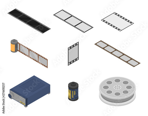 Filmstrip icons set. Isometric set of filmstrip vector icons for web design isolated on white background