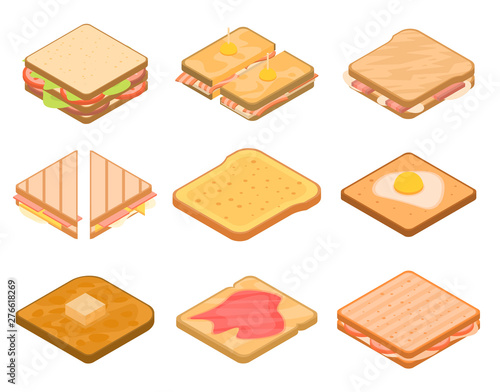 Toast icons set. Isometric set of toast vector icons for web design isolated on white background