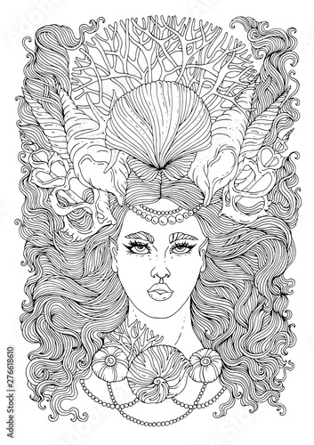 Vector hand drawn portrait of a mermaid girl with developing wavy hair with a crown and a necklace of seashells and corals. Ornamental Coloring page sea nymph. Fairy tale mythical characters t-shirts