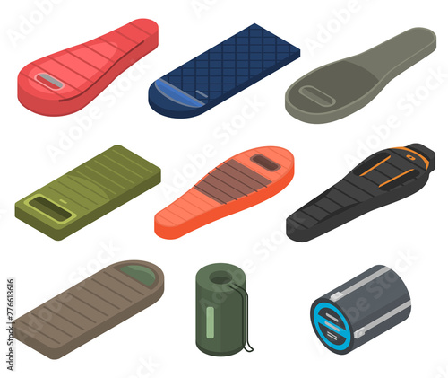 Sleeping bag icons set. Isometric set of sleeping bag vector icons for web design isolated on white background
