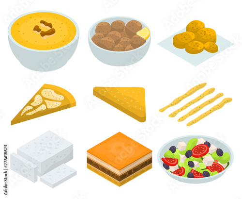 Greek cuisine icons set. Isometric set of Greek cuisine vector icons for web design isolated on white background