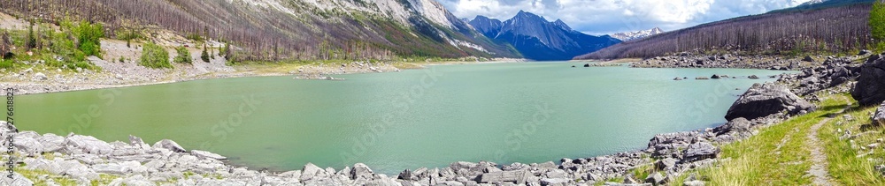 Wide Panoramic Landscape View of Medicine Lake in Jasper National Park, Rocky Mountains Alberta Canada