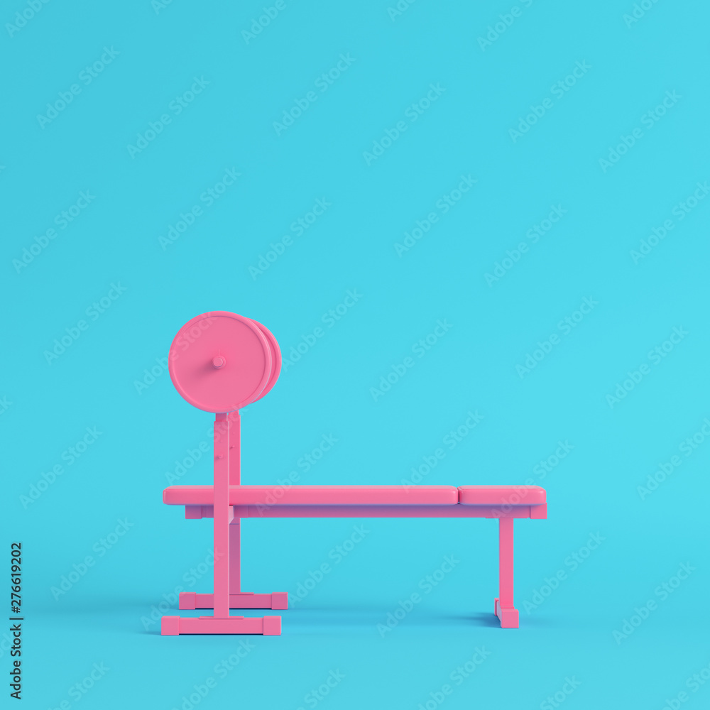Pink barbell with bench on bright blue background in pastel colors. Minimalism concept Pink barbell with bench on bright blue background in pastel colors. Minimalism concept