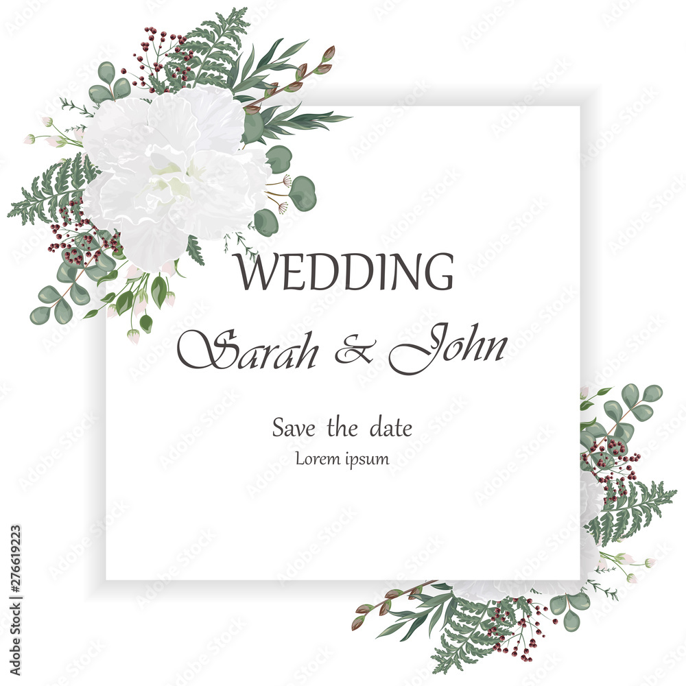 Wedding invitation leaves and flowers, watercolor, isolated on white.  Vector Watercolour.