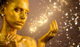 Golden Makeup - Fashion Portrait With Gold Skin And Glittering In Shiny   Background