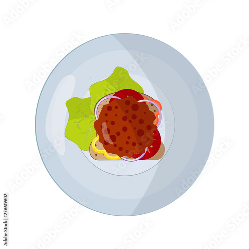 A plate of food. The concept of products for lunch, dinner. Meat cutlet with vegetables on a piece of bread. Peppers, onions and lettuce. For icons, infographics, application elements.