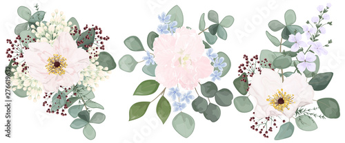 Set bouquets with leaves and flowers  watercolor  isolated on white. Vector Watercolour
