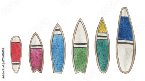 Watercolor set of stylized striped surfboards. Elements on a white background for design compositions on the topic of vacation, holidays, travel