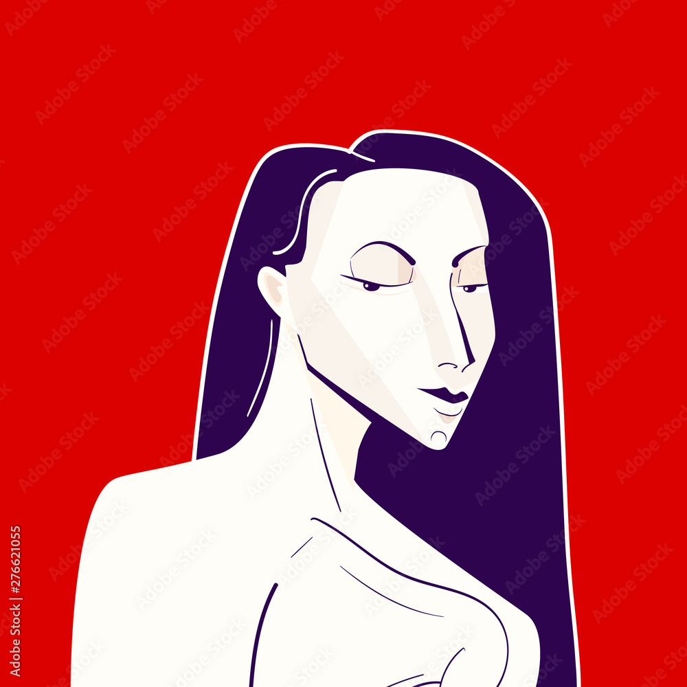minimal three-colored illustration of a young, partly naked, long-haired brunette. Poster stylization. minimal three-colored illustration of a young, partly naked, long-haired brunette. Poster stylization.