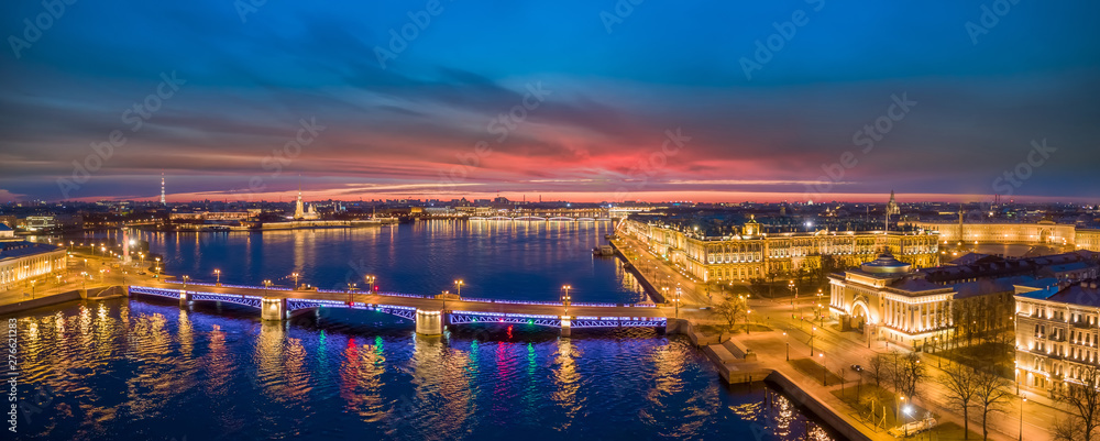 Saint-Petersburg. Russia. Night St. Petersburg. Palace bridge panorama. Drawbridge over the Neva river. Petersburg bridges. St. Petersburg architecture. Admiralty. Vasilievsky island. Russian cities.