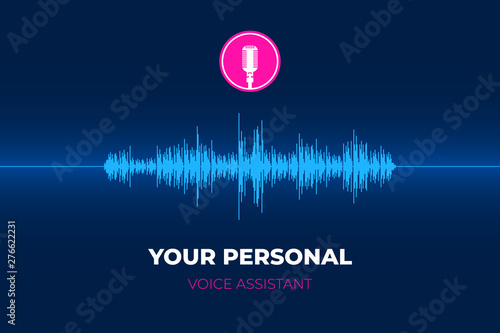 Personal voice assistant and recognition intelligent technologies concept. Vintage retro radio microphone button and sound imitation equalizer on blue gradient background. Vector illustration