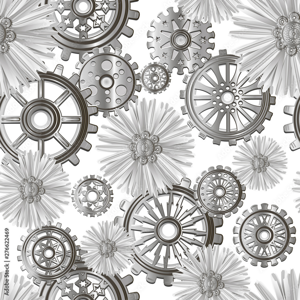 Seamless pattern with chamomile flower and gears in the style of steampunk. Vector illustration. Seamless pattern with chamomile flower and gears in the style of steampunk. Vector illustration.