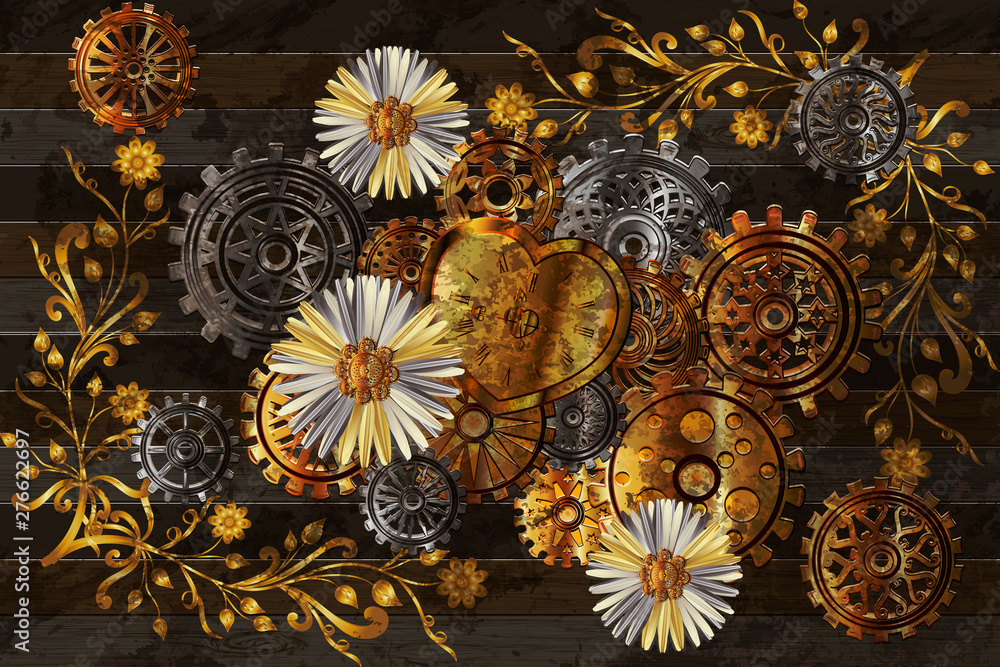 Beautiful background with chamomile flower and gears in the style of steampunk. Vector illustration. Beautiful background with chamomile flower and gears in the style of steampunk. Vector illustration.