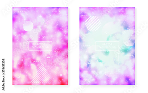 Bauhaus cover set with liquid shapes. Neon luminous background with fluorescent purple.