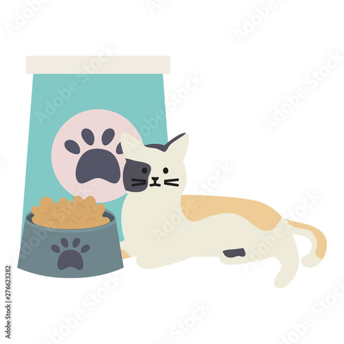 cute cat mascot with foodbag and dish