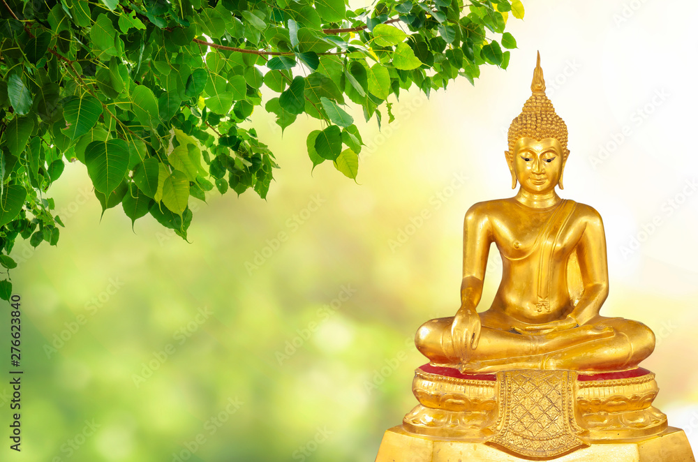 Magha Asanha Visakha Puja Day , Buddha statue , bodhi leaf with double exposure and len flared , soft image and soft focus style Magha Asanha Visakha Puja Day , Buddha statue , bodhi leaf with double exposure and len flared , soft image and soft focus style