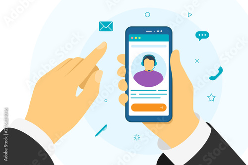 Customer and operator online technical support 24-7. White male hotline consultant advises client. Online assistant virtual help service on smartphone. Vector web illustration