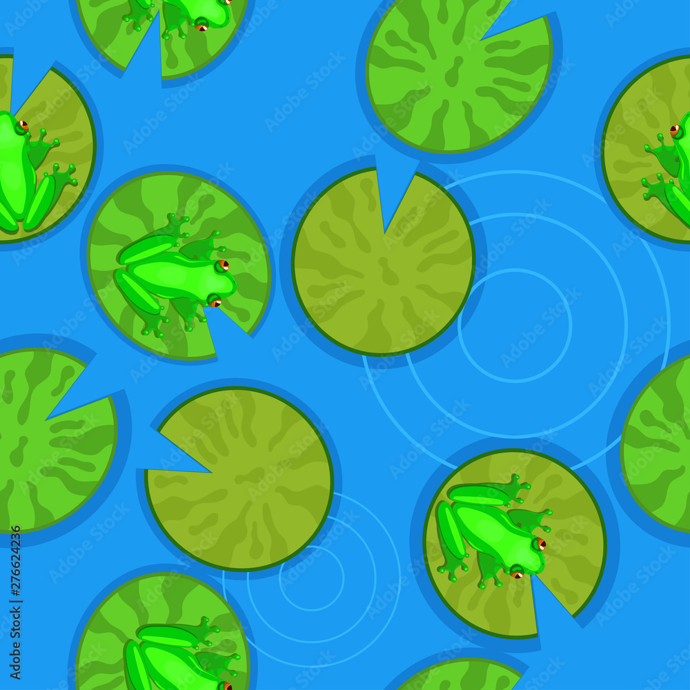 Seamless texture of frogs on lily pads on a pond. Vector illustration. Seamless texture of frogs on lily pads on a pond. Vector illustration.