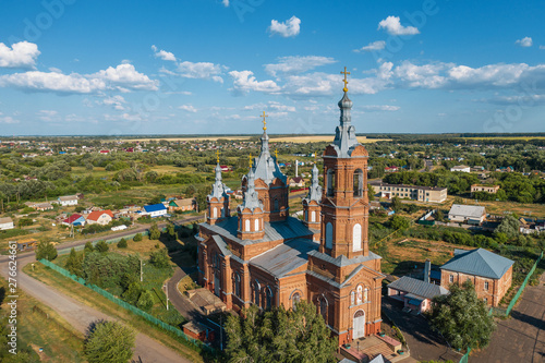 Aerial view of ancient orthodox Church of Archangel Michael near Bityug river in Tambov region