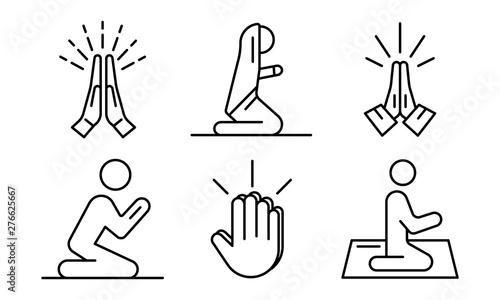 Prayer icons set. Outline set of prayer vector icons for web design isolated on white background