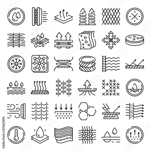 Fabric feature icons set. Outline set of fabric feature vector icons for web design isolated on white background