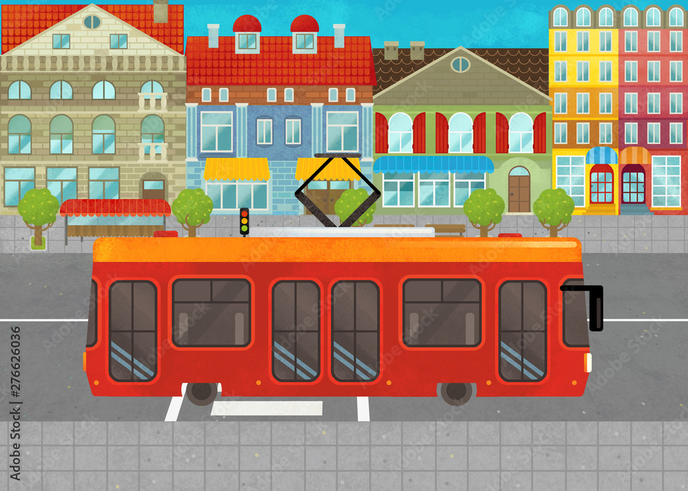 cartoon scene with tram car in the city on the street illustration for children
