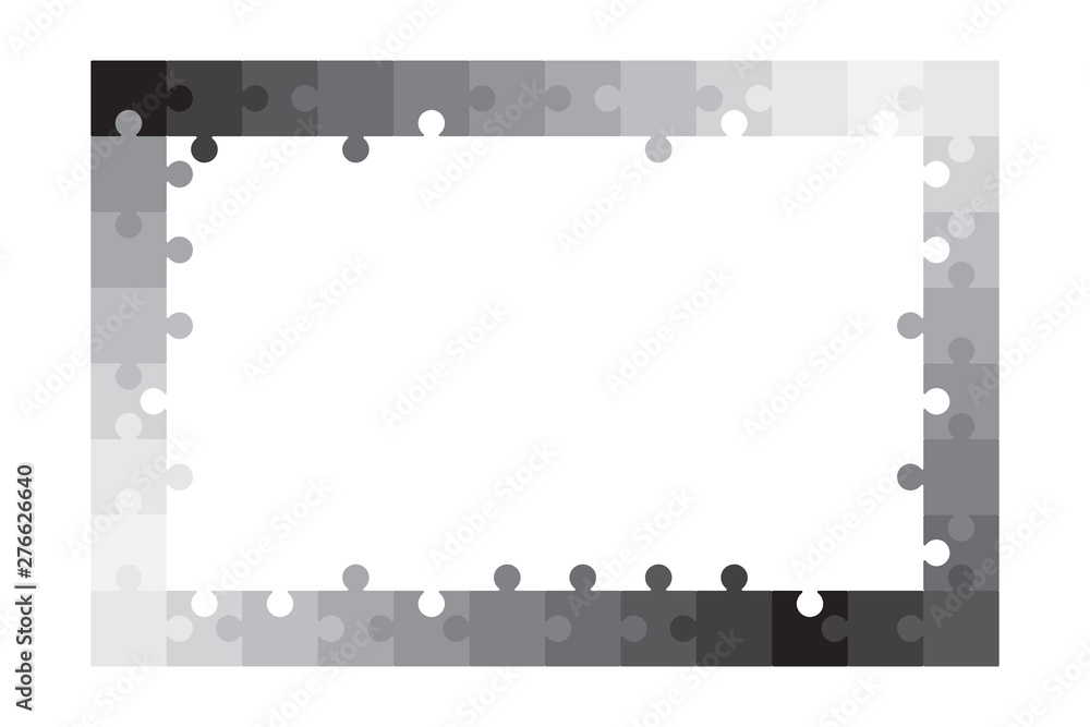 Jigsaw puzzle frame, blank puzzle border template, gray isolated on white background, vector illustration.