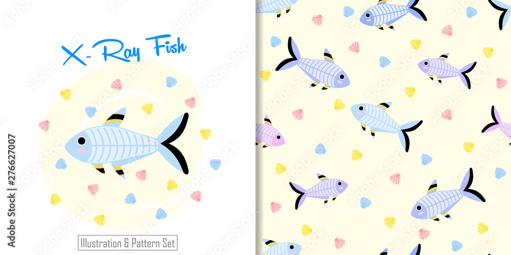 cute x-ray fish cartoon animal seamless pattern with illustration card set