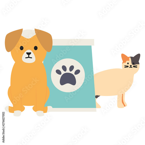 cute cat and dog mascots with food bag