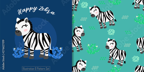 cute zebra cartoon animal seamless pattern with illustration card set