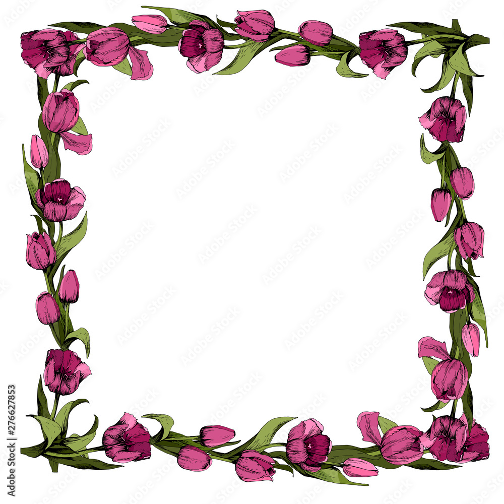 Frame with colored pink tulips. Spring mood. Design of printed materials. illustration