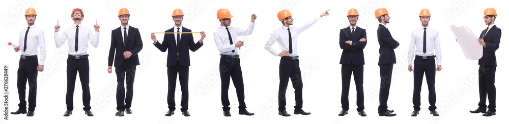 panoramic photo collage of confident architect isolated on white panoramic photo collage of confident architect isolated on white