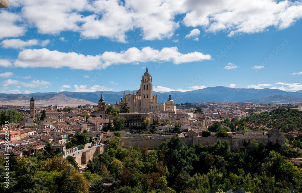 A panoramic view of the city of Segovia with it's tallest cathedral in Spain and city walls