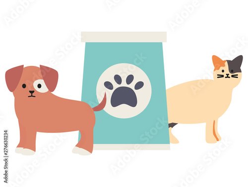 cute cat and dog mascots with food bag
