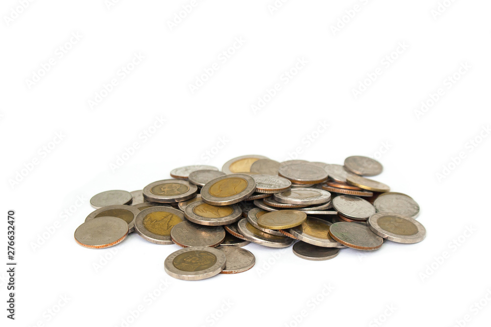 Close up pile of silver coins (Baht) isolated on white background. Close up pile of silver coins (Baht) isolated on white background.