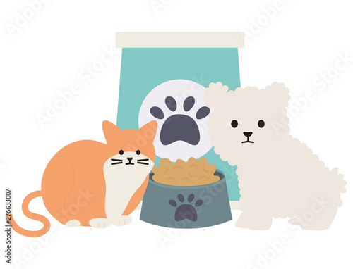 cute cat and dog mascots with food bag