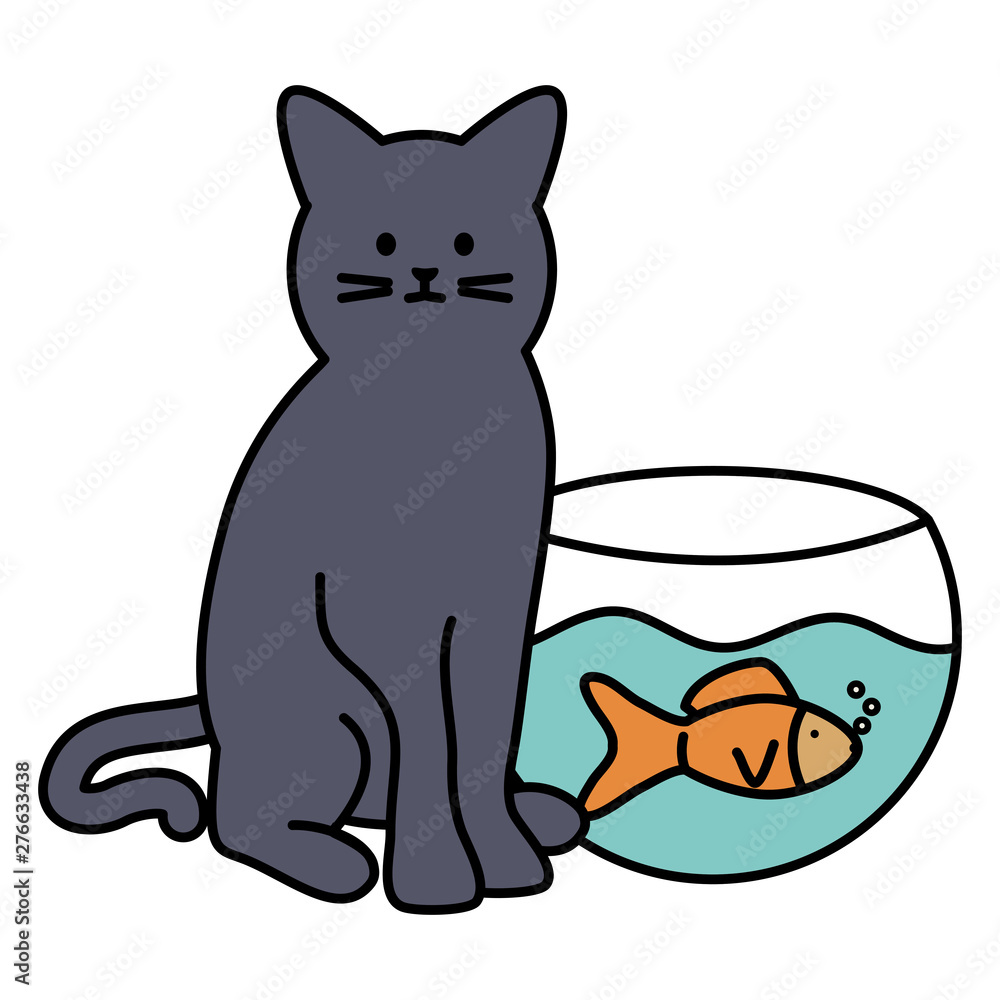 Fototapeta premium cute cat mascot with fish in aquarium