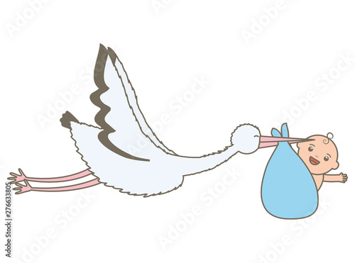 stork flying with cute baby boy in bag