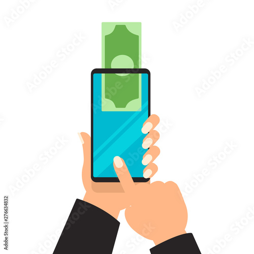 Business hands sending money wireless mobile phones. Vector digital mobile wallet vector concept icon. smartphone screen with wallet and money on screen. Internet banking concept. wireless money