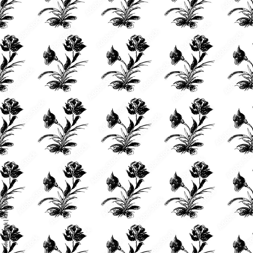 Vintage rose seamless outline vector, great design for any purposes. Floral vintage seamless pattern. Trendy linear illustration with a black rose. Textile fabric design. Simple flowery pattern