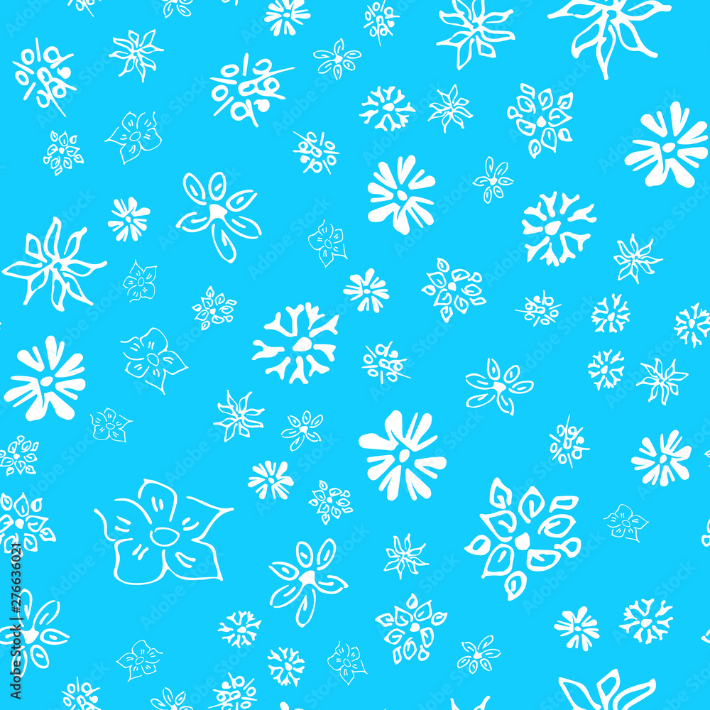 Chamomile vector seamless pattern in sketch style. Seamless floral design. Vector floral print. Abstract flower pattern. Modern design. Hand drawn illustration isolated on blue background