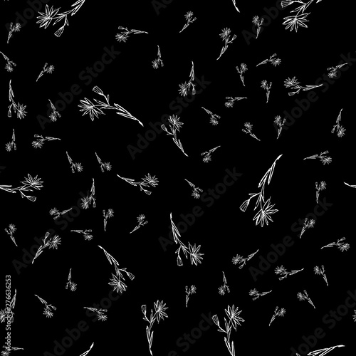 Seamless pattern with wildflowers on black background for print design. Print, design element. Seamless floral pattern. Fashion vector illustration. Summer background
