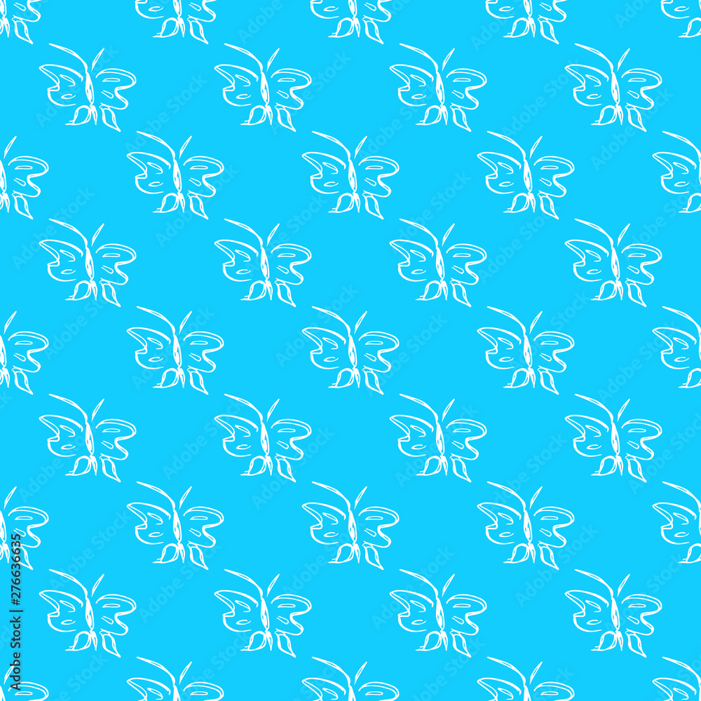 Butterfly seamless outline vector in line art style on blue background. Line art butterfly. Cartoon animals. Simple design seamless pattern. Exotic wallpaper. Abstract pattern