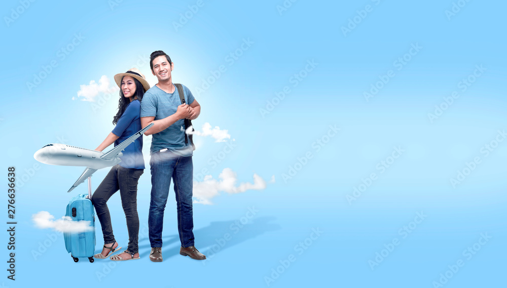 Fototapeta premium Asian couple with suitcase bag and backpack going traveling with airplane