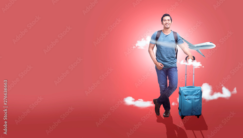 Asian man with suitcase bag and backpack going traveling with airplane