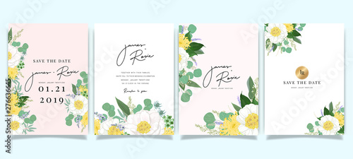 Summer Flower Wedding Invitation set, floral invite thank you, rsvp modern card Design in Pink peony and white  floral with leaf greenery  branches decorative Vector elegant rustic template
