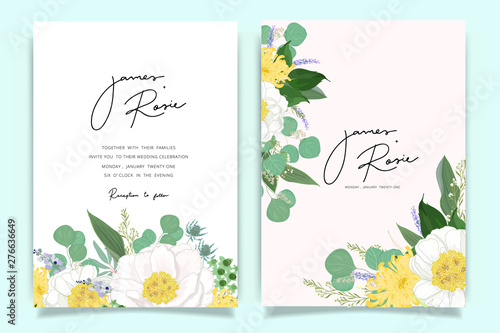 Summer Flower Wedding Invitation set, floral invite thank you, rsvp modern card Design in Pink peony and white  floral with leaf greenery  branches decorative Vector elegant rustic template